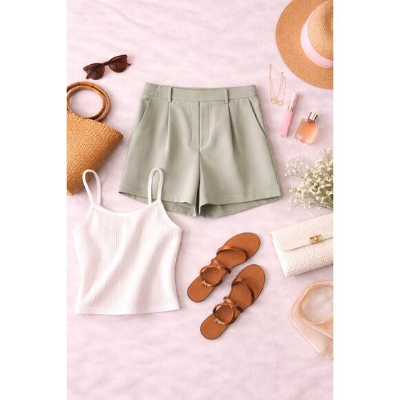 32 Degrees Pants - 32 Degrees Cool Women's Tailored Dress Shorts Pleated High Rise Sage Green SZ L